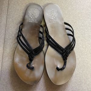 Vince Camuto Black Rhinestone Thin Strappy Coastal Modest Vacation Resort Fli…